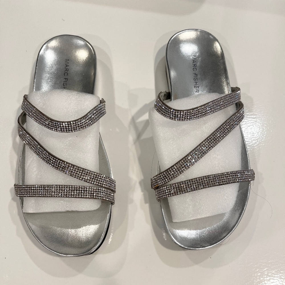 Marc Fisher Silver Crystal Embellished Slides Leather Sandals Formal Classic